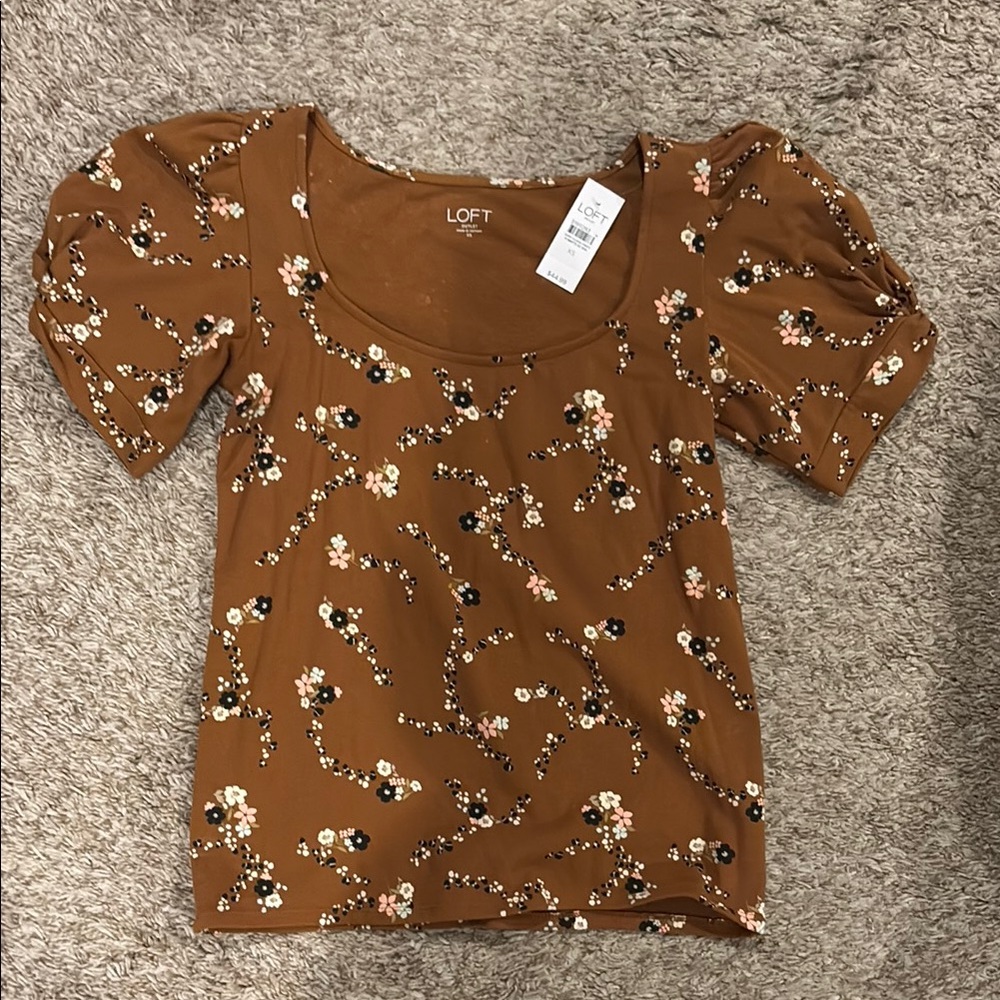 LOFT Brown Puff Sleeve Blouse with Fitted Style